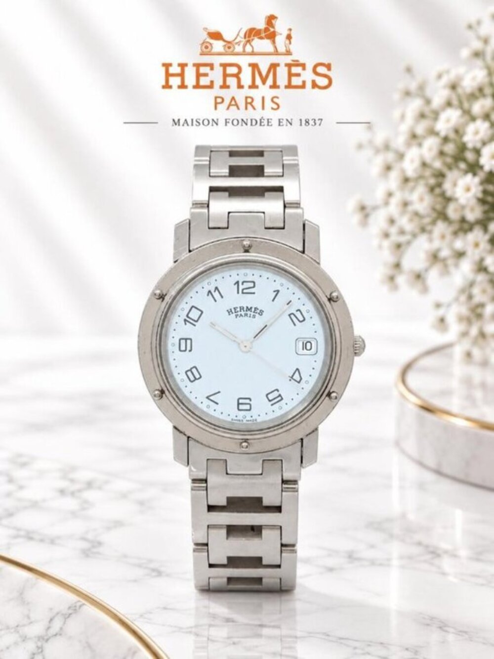 Authentic Hermès Clipper Stainless Steel Date Swiss Luxury Watch